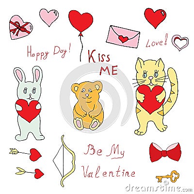 Set of pictures for cards for Valentine`s Day Vector Illustration